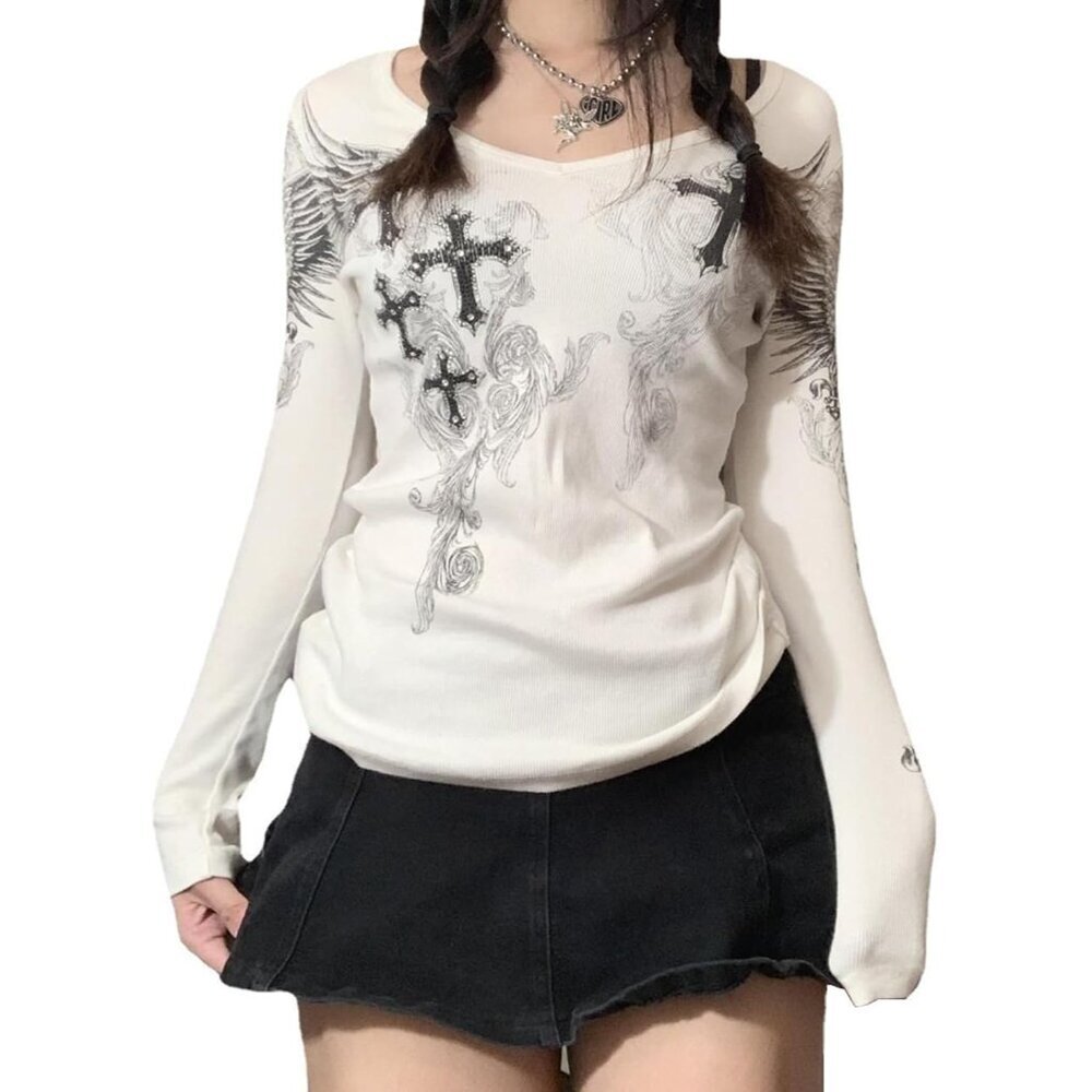 Women's Gothic Long Sleeve Shirt Y2K Fairy Grunge Top Vintage Emo